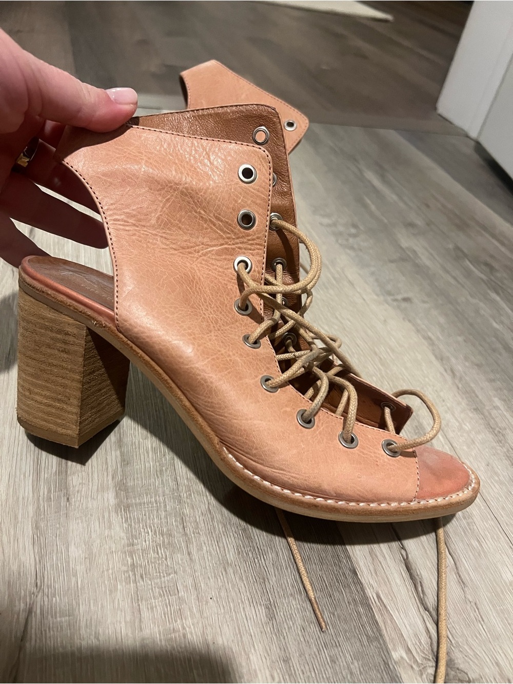 Jeffrey Campbell Peach-Tan Lace-Up Open Heel Block Heel Bootie